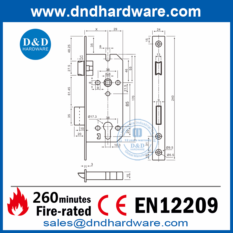 SUS304 CE Security Fire Rated Sash Lock for Commercial Door-DDML026