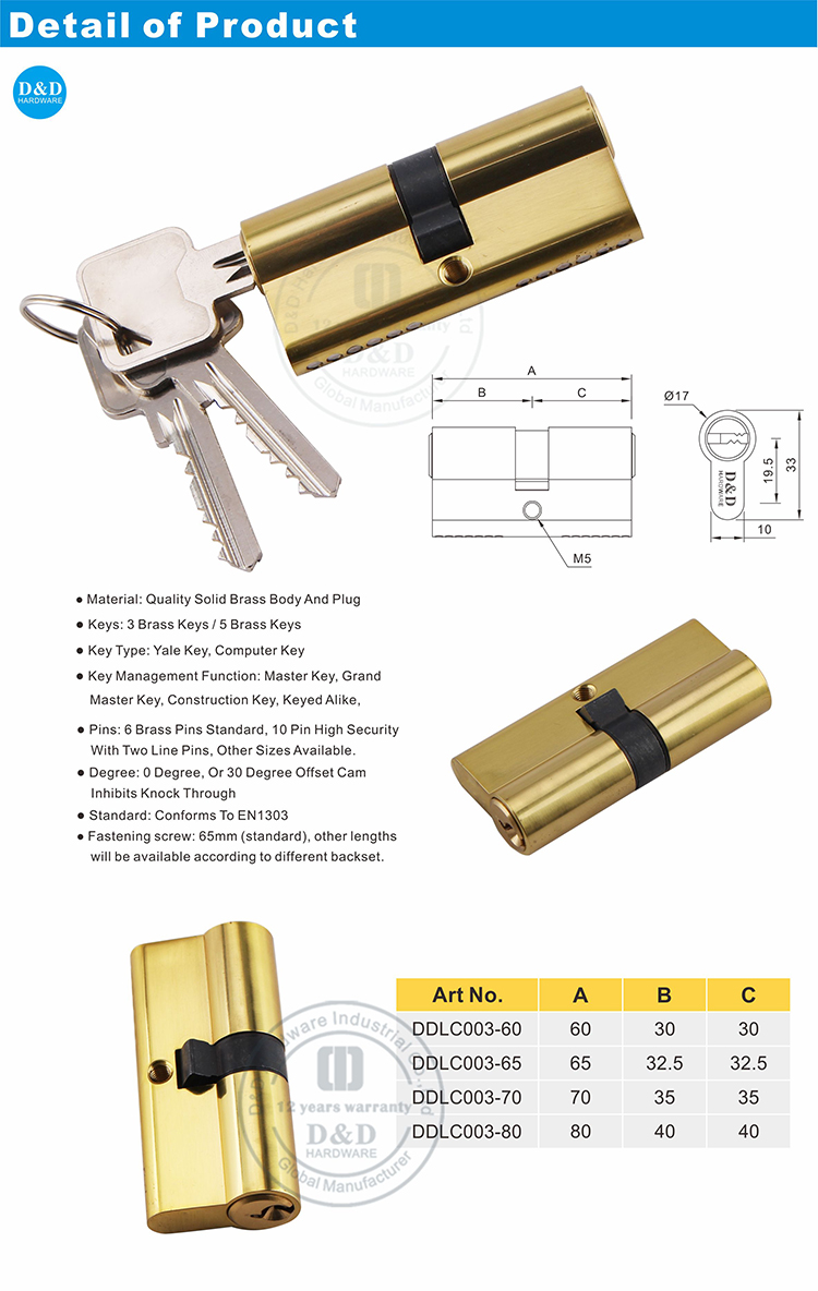 Polished Brass Lock Cylinder-DDLC003-D&D Hardware
