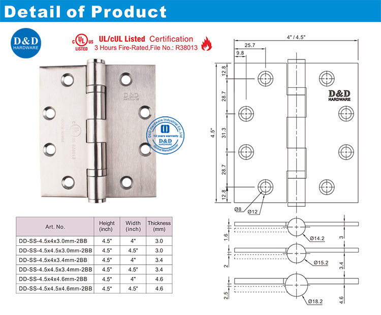 Stainless Steel Door Hinge-DDSS002-FR-4.5X4X3.4-D&D Hardware