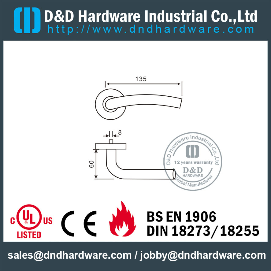 Grade 304 Tube Fire Rated Lever Door Handle for Internal Steel Door with EN1906 -DDTH006