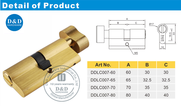 Satin Brass Bathroom Lock Cylinder-DDLC007-D&D Hardware