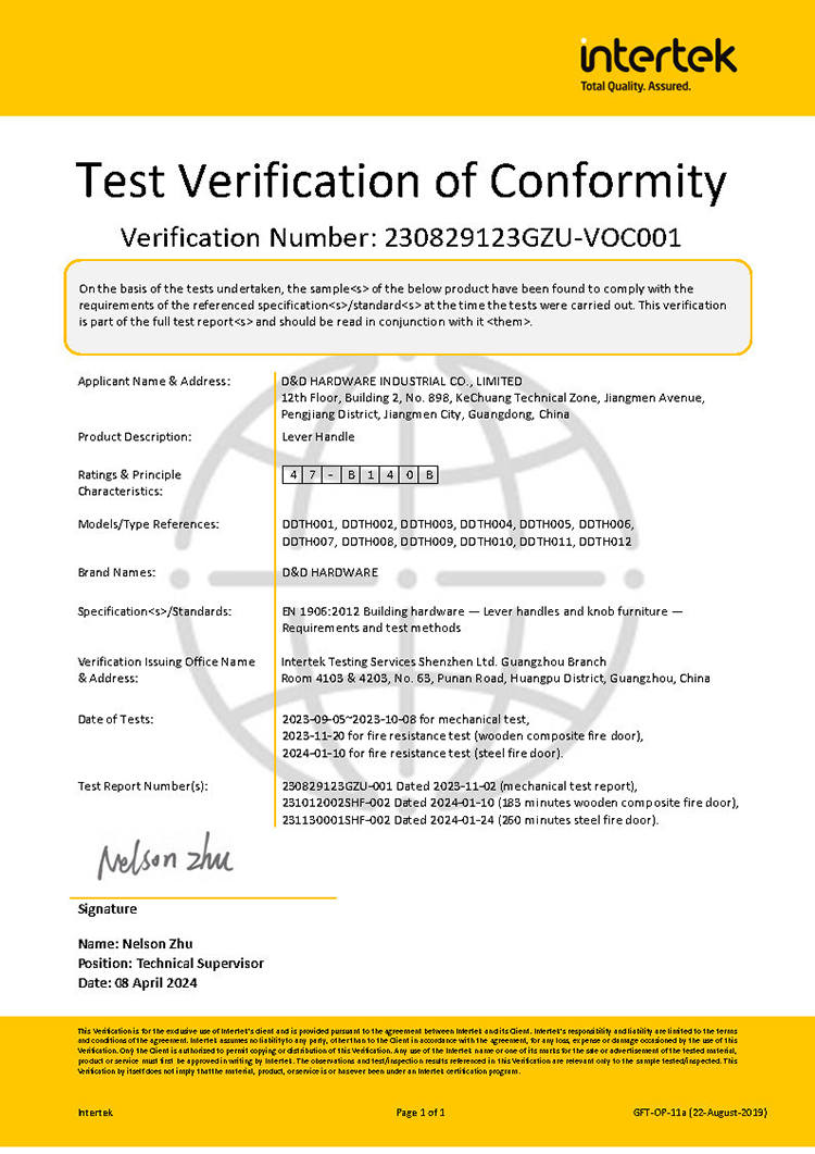 D&D Hardware-Lever Handle EN1906 Certificate with Fire Testing For 12 Models