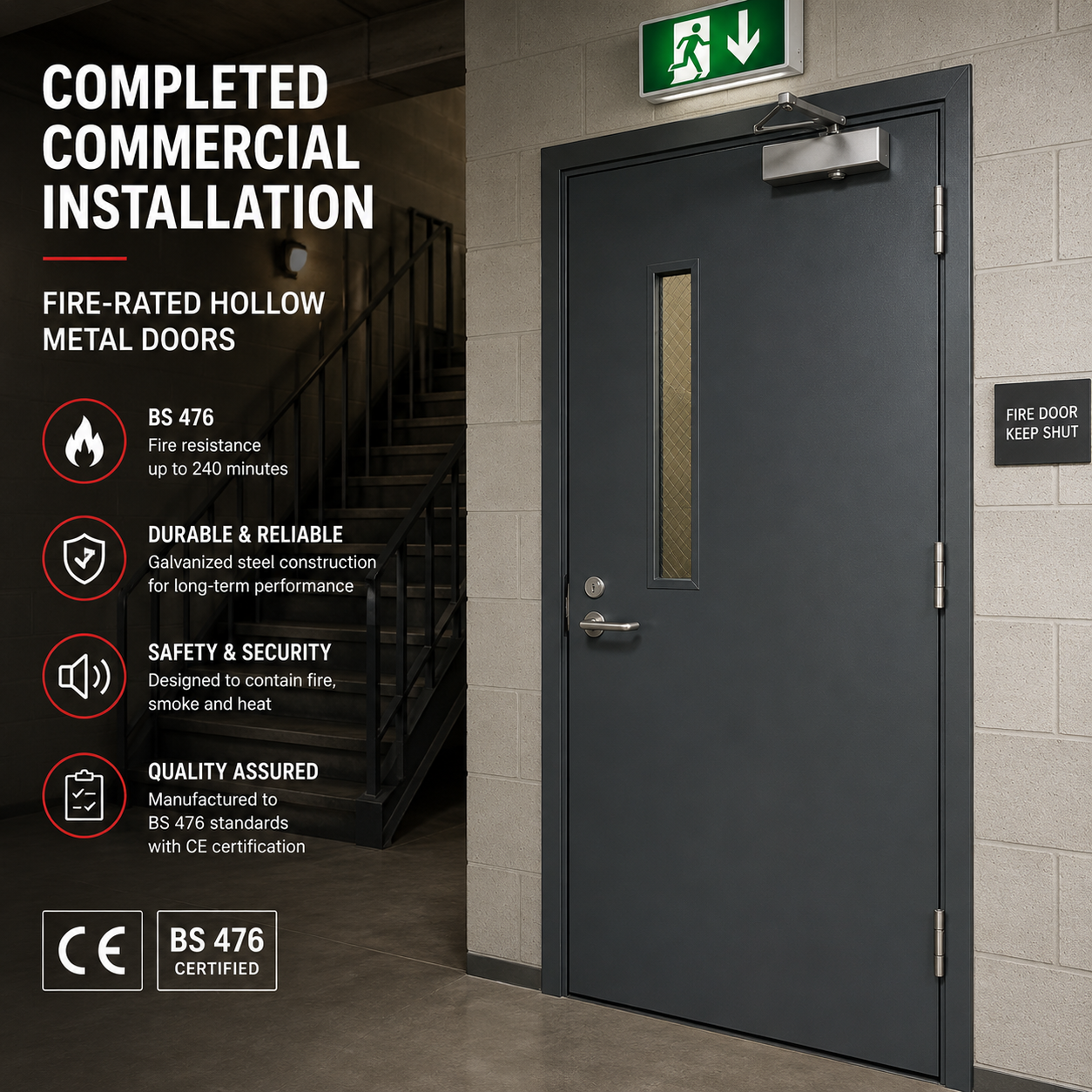 Completed commercial installation with fire-rated hollow metal doors.