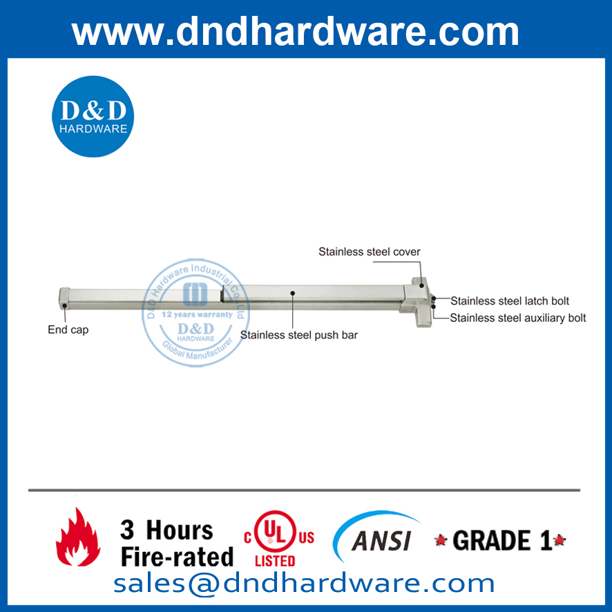 UL ANSI Grade 1 SUS304 Rim Fire Exit Push Bar DDPD005