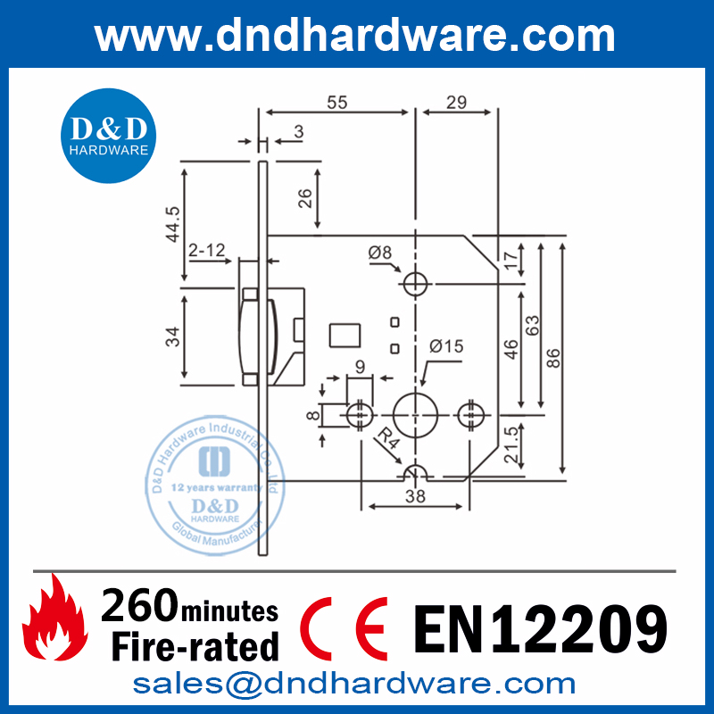 SS304 Euro Roller Bolt Lock Body for Interior Door-DDML030