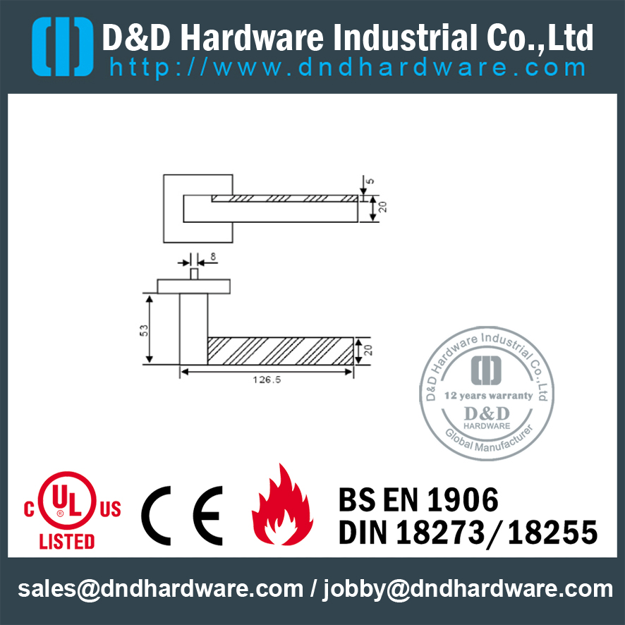 SUS304 good quality square tubular solid lever handle for Entry Door- DDSH178